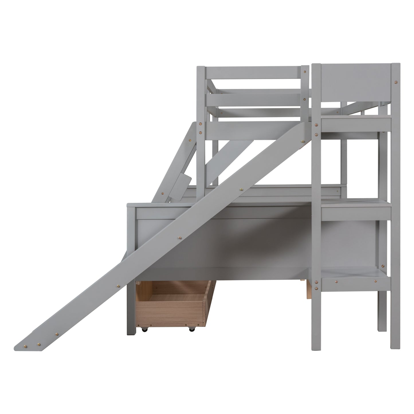 Twin over Full Bunk Bed with 2 Drawers,Slide,Shelves Gray