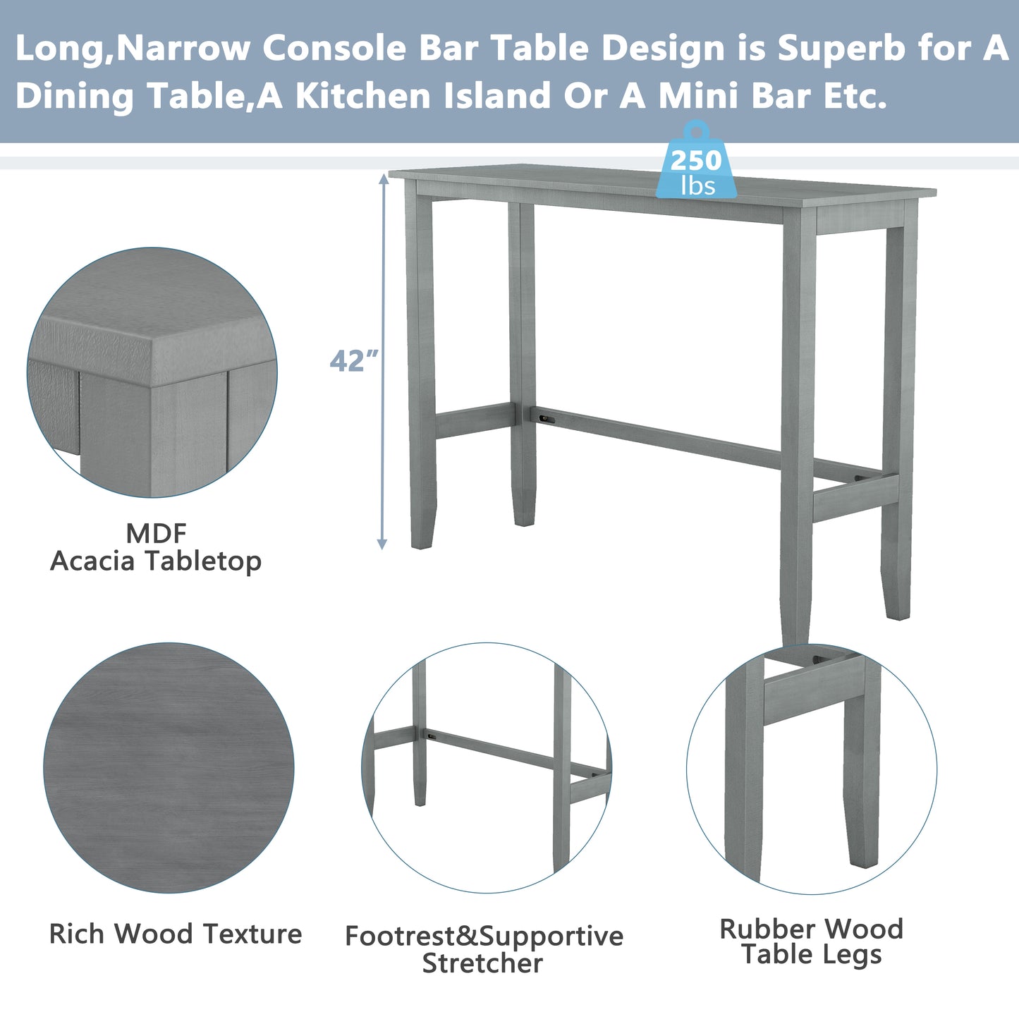 TOPMAX Farmhouse 48”Rectangular Wood Bar Height Dining Set Kitchen Breakfast Nook with 2 Chairs for Small Places,Gray