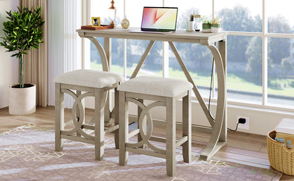 TOPMAX Farmhouse 3-Piece Counter Height Dining Table Set with USB Port and Upholstered Stools,Cream