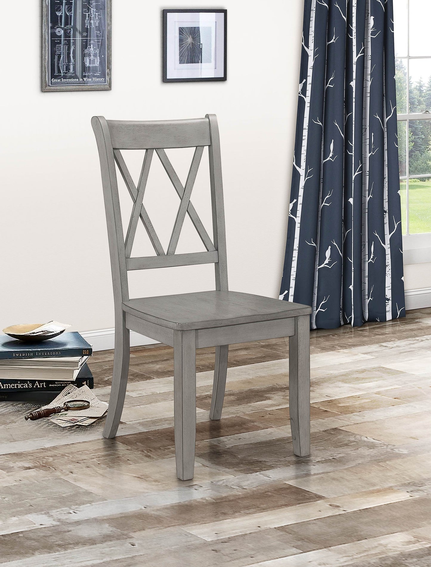 Casual Gray Finish Side Chairs Set of 2 Pine Veneer Transitional Double-X Back Design Dining Room Furniture