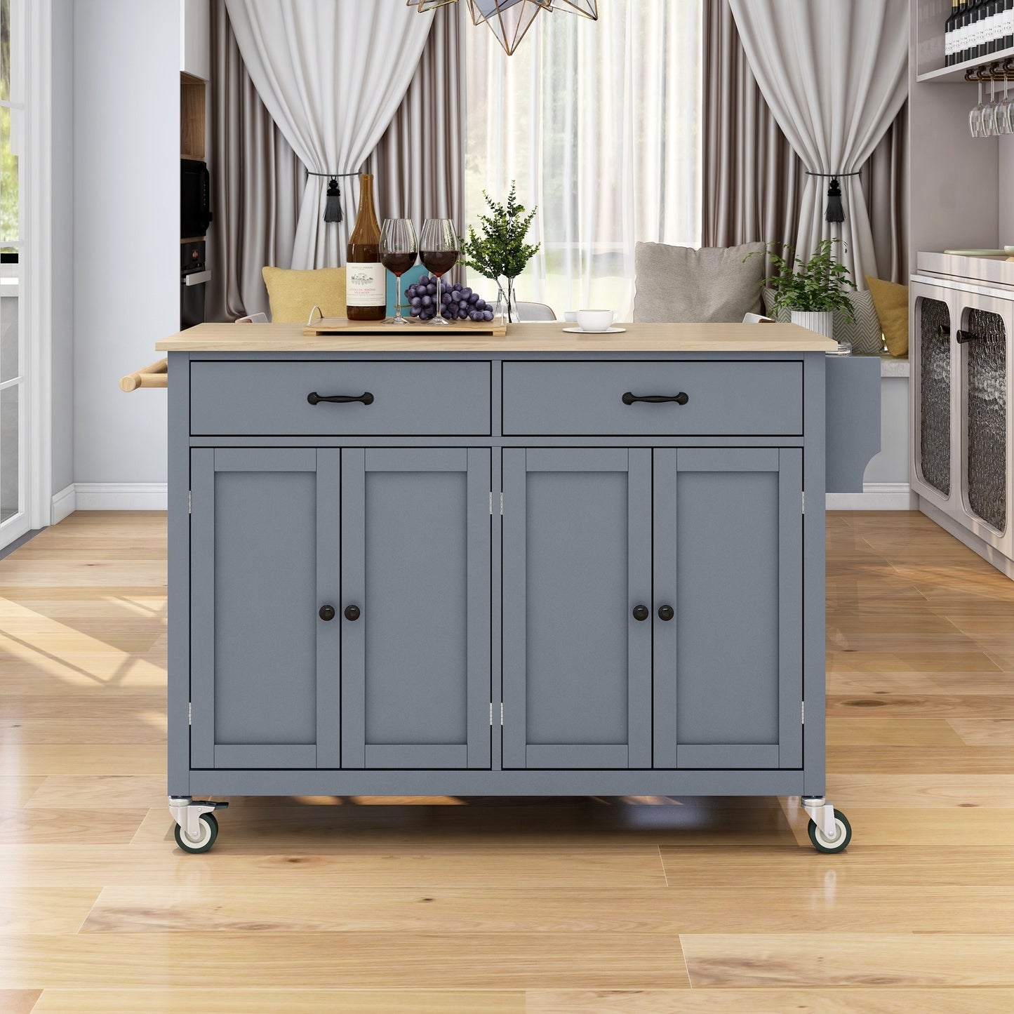 Kitchen Island Cart with Solid Wood Top and Locking Wheels，54.3 Inch Width，4 Door Cabinet and Two Drawers，Spice Rack, Towel Rack （Grey Blue）