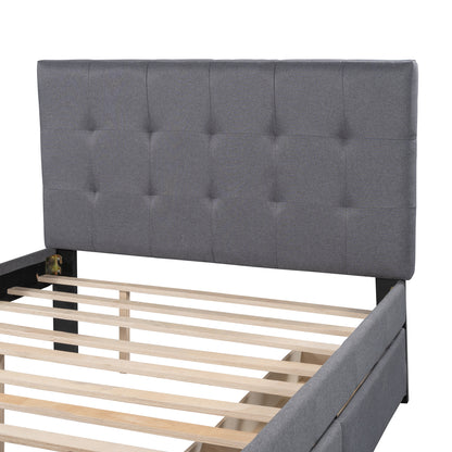 Linen Upholstered Platform Bed With Headboard and Two Drawers, Full