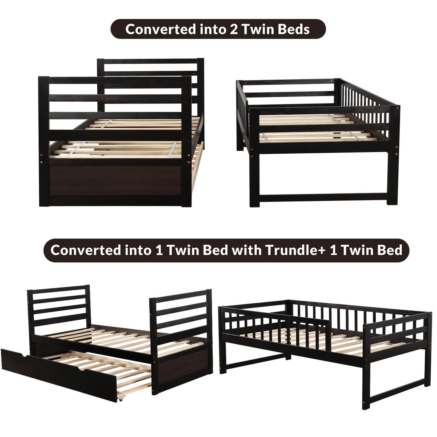 Orisfur. Twin Bunk Beds for Kids with Safety Rail and Movable Trundle bed