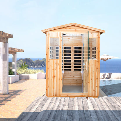 Outdoor Sauna for 4 Person,applicable indoors and outdoors. Far Infrared Sauna 8 Low EMF Heaters, Wooden Sauna Room 2050 Watt, Old Chinese fir, Chromotherapy, Bluetooth Speaker, LCD, LED.