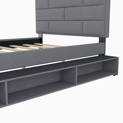 Full Size Linen Upholstered Platform Bed With a Drawer and Storage Shelves,Gray