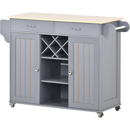 K&K Store Kitchen Island Cart with Two Storage Cabinets and Four Locking Wheels，Wine Rack, Two Drawers,Spice Rack, Towel Rack （Grey Blue）