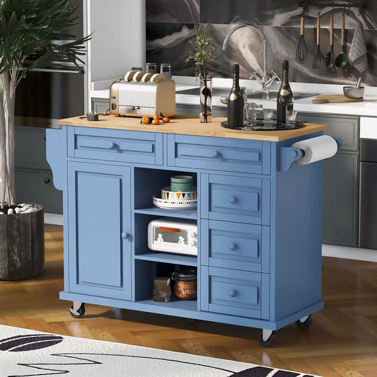 K&K kitchen cart with Rubber wood desktop rolling mobile kitchen island with storage and 5 draws 53 Inch width （Blue）