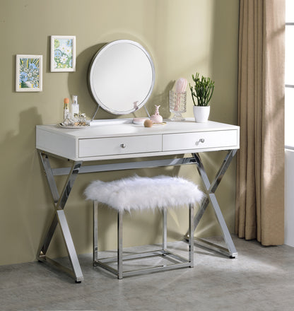 ACME Adao Vanity Mirror & Stool, Faux Fur, Mirror, White & Chrome Finish AC00935