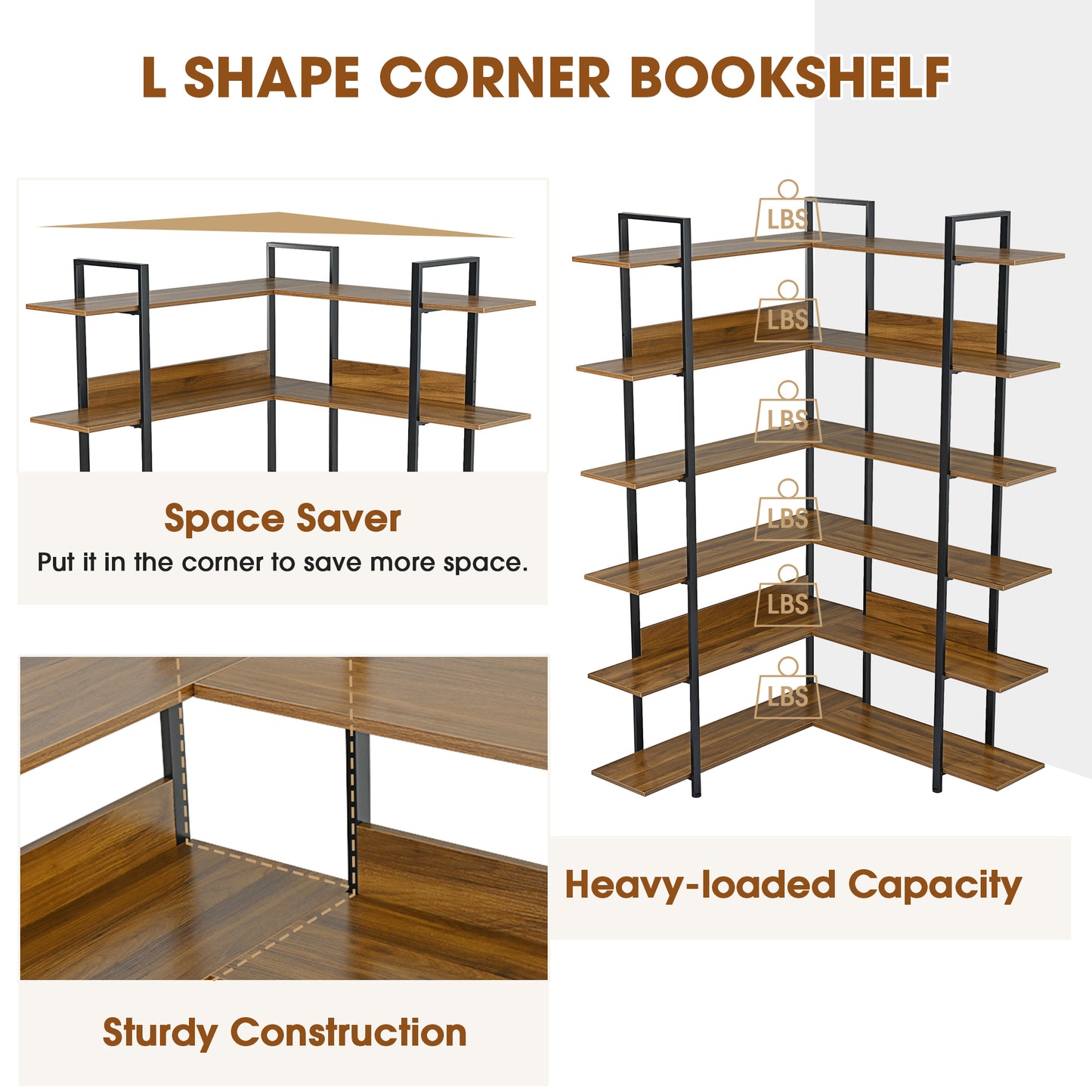 74.8 Inch Bookshelf L-shape MDF Boards Stainless Steel Frame Corner 6-tier Shelves Adjustable Foot Pads, Brown