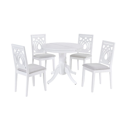 TOPMAX Mid-Century 5-Piece Extendable Round Dining Table Set with 4 Upholstered Dining Chairs for Small Places, White