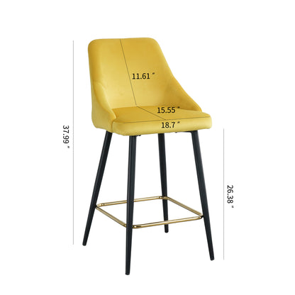 Luxury Modern Yellow Velvet Upholstered High Bar Stool Chair With Gold Legs(set of 2)