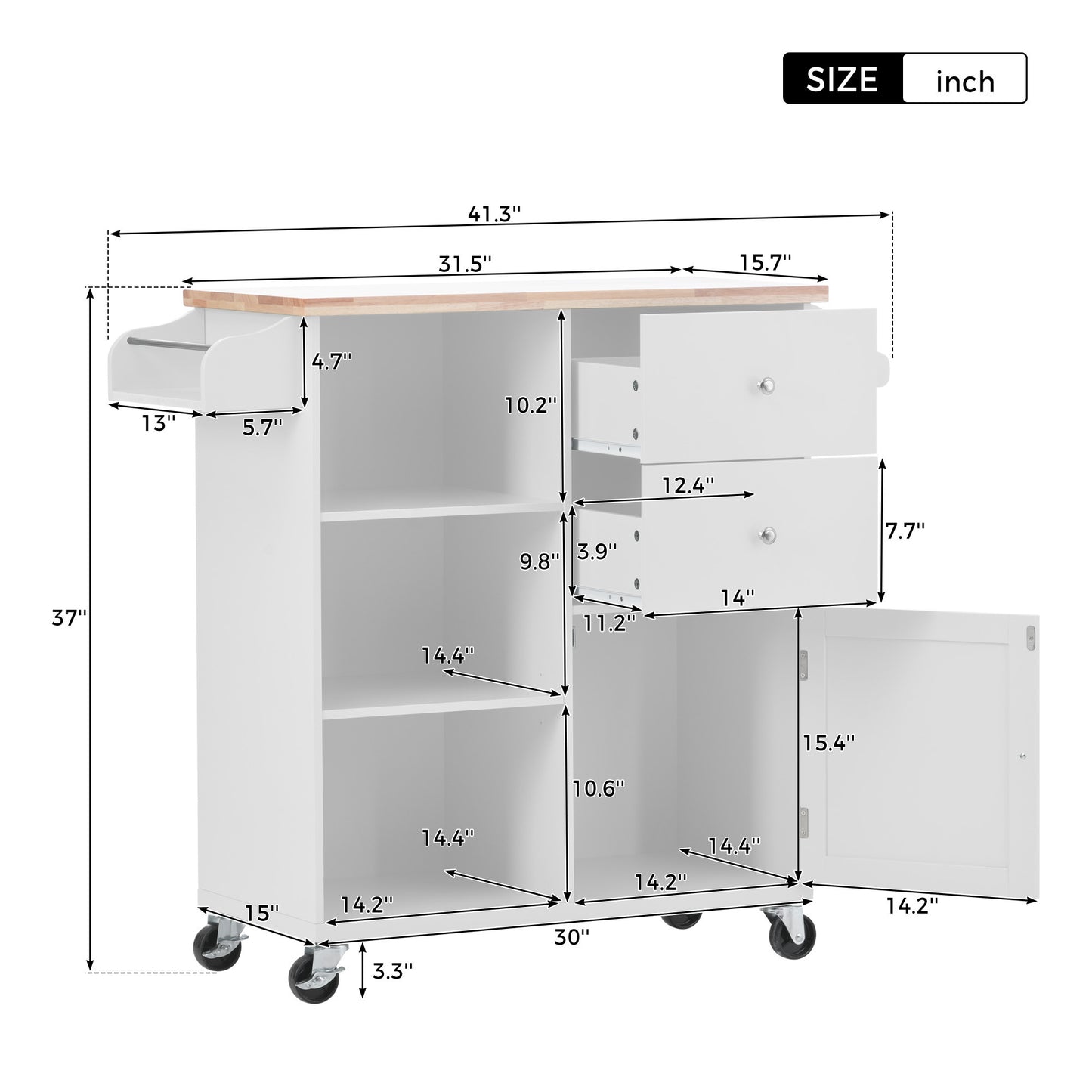 K&K Store Kitchen Cart on 4 Wheels with 2 Drawers and 3 Open Shelves, Kitchen Island with Rubber Wood top for Dinning Room, White