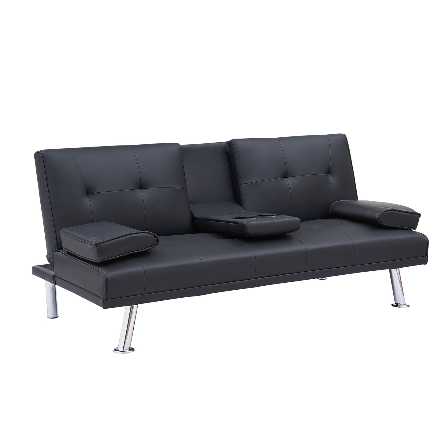 Black Leather Multifunctional Double Folding Sofa Bed for Office with Coffee Table