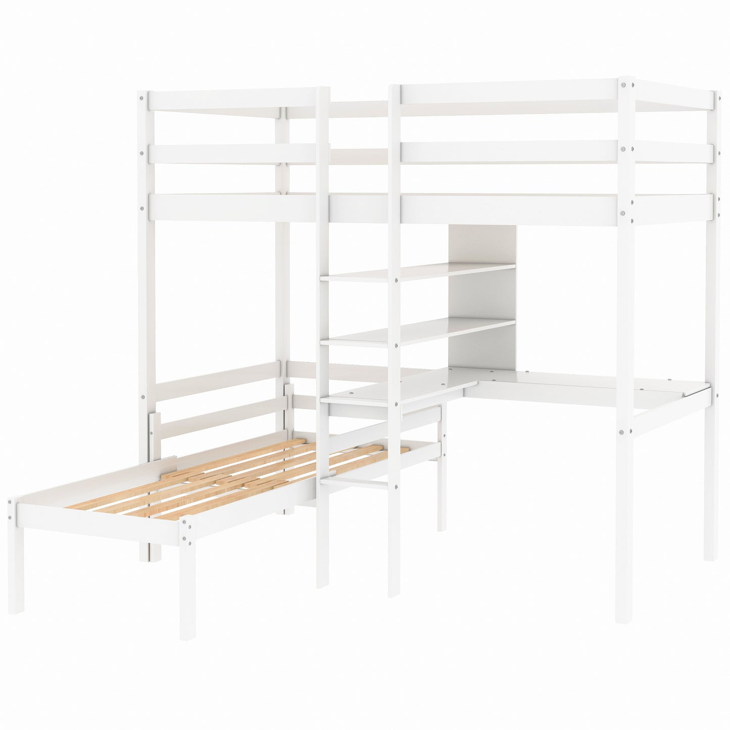 Convertible Loft Bed with L-Shape Desk, Twin Bunk Bed with Shelves and Ladder, White(OLD SKU:SM000209AAK-1)