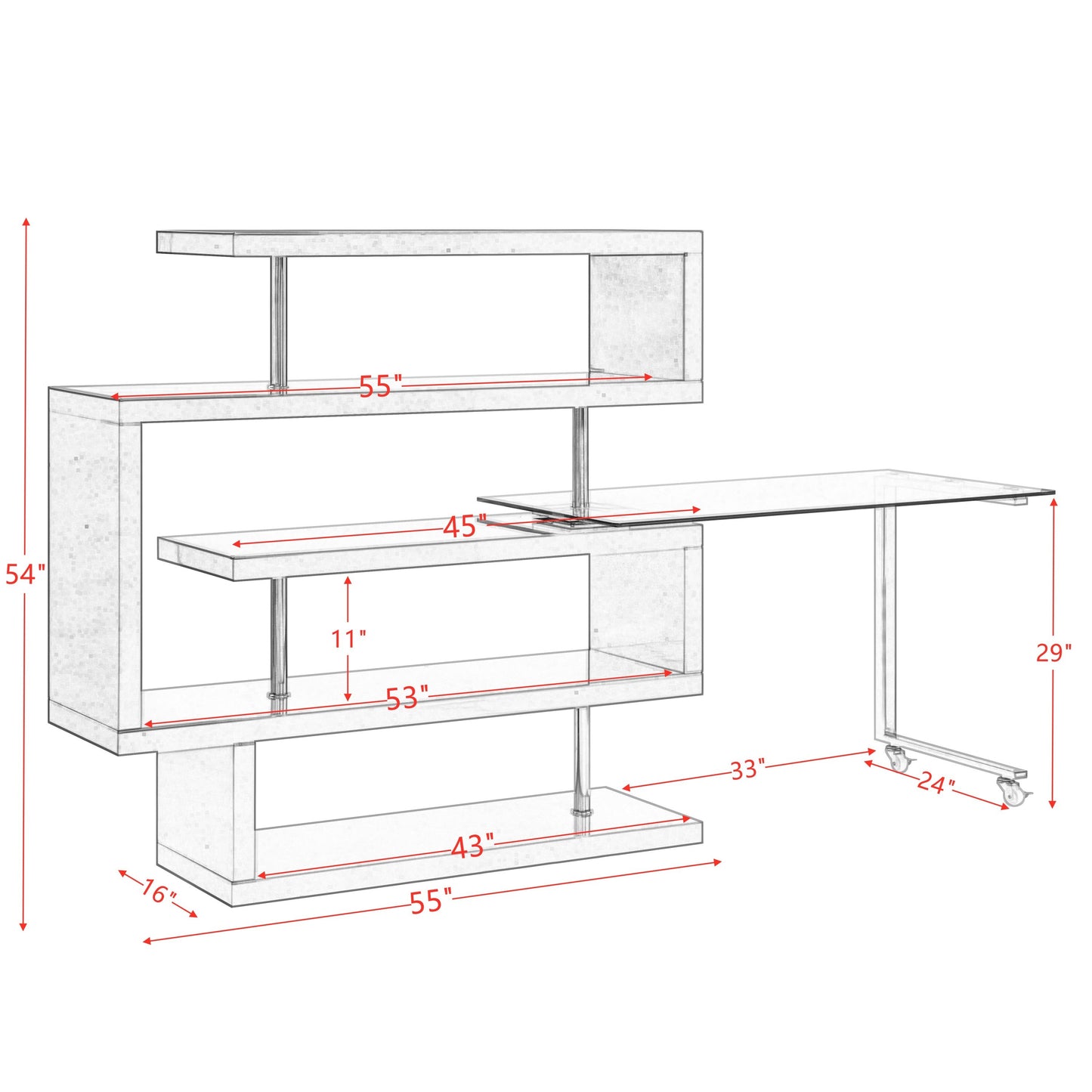 ACME Raceloma Writing Desk w/Shelf, Clear Glass, Walnut & Chrome Finish 93183