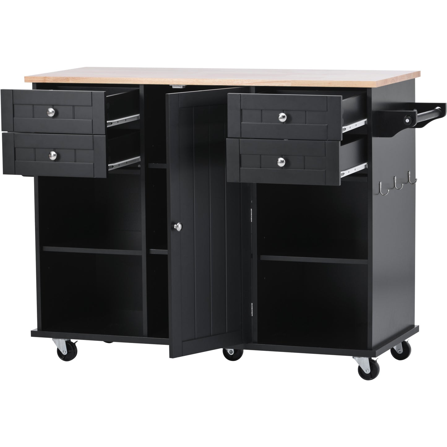 K&K kitchen island cart with Spice Rack, Towel Rack & Drawer,Rubber wood desktop,5 wheels including 4 lockable wheels,52.8inch width (Black)