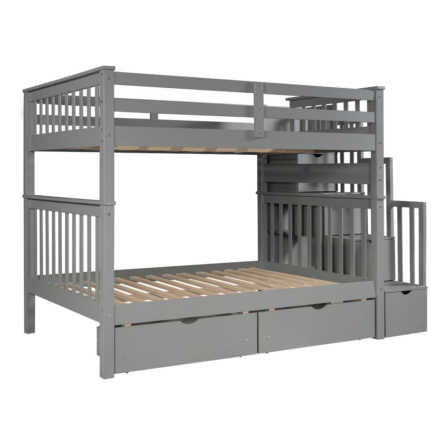 Full Over Full Bunk Bed with Shelves and 6 Storage Drawers, Gray(Old SKU：LP000046AAE)