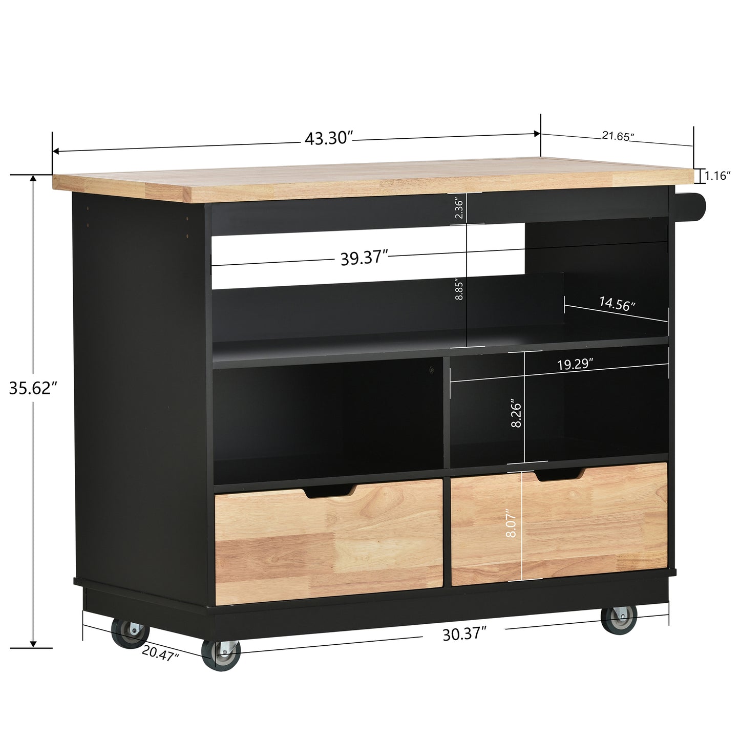 Kitchen Cart Rolling Mobile Kitchen Island Solid Wood Top, Kitchen Cart With 2 Drawers,Tableware Cabinet（Black）