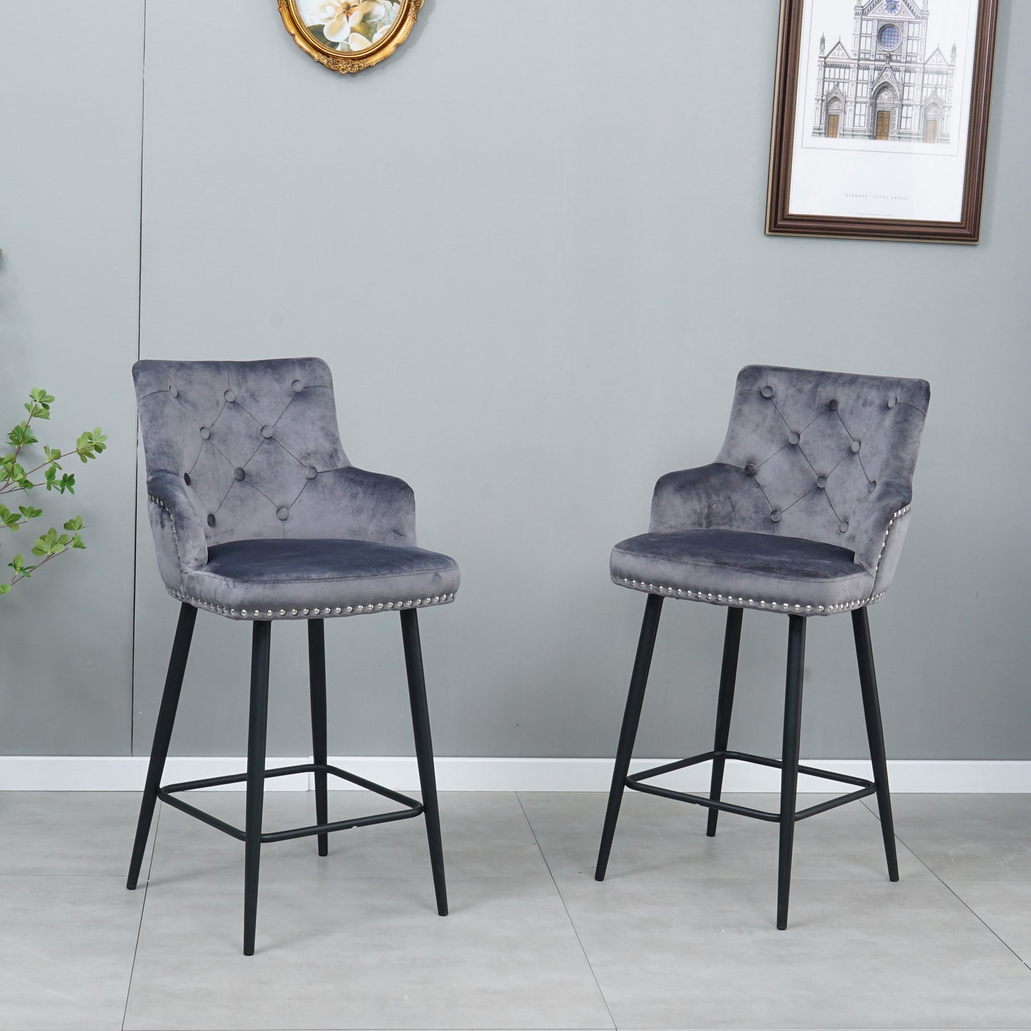 Modern style bar chair with armrests and footrests, riveted design is more fashionable（set of 2）