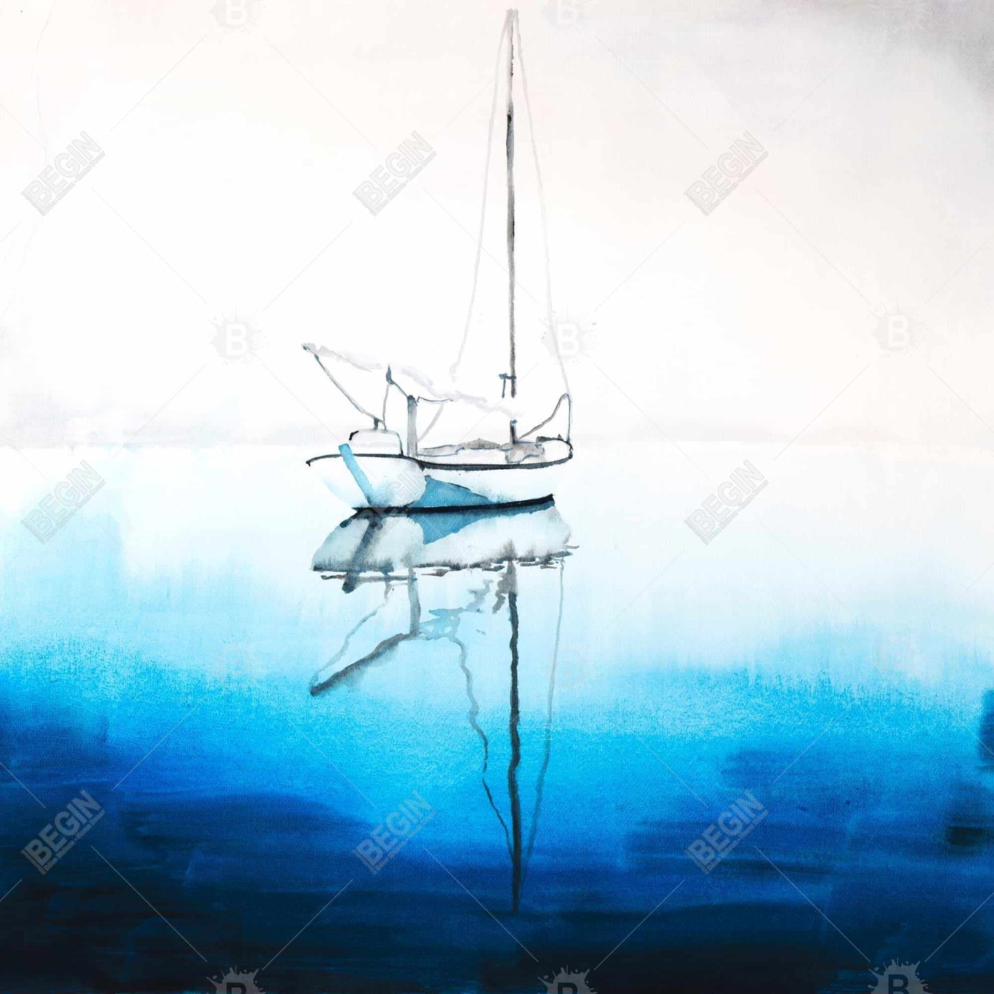 White boat on a deep blue water - 08x08 Print on canvas