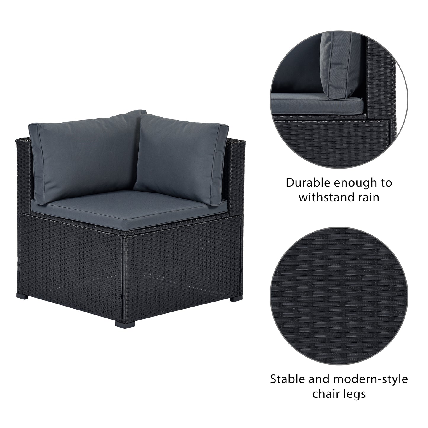 GO 6-Piece Outdoor Furniture Set with PE Rattan Wicker, Patio Garden Sectional Sofa Chair, removable cushions (Black wicker, Grey cushion)