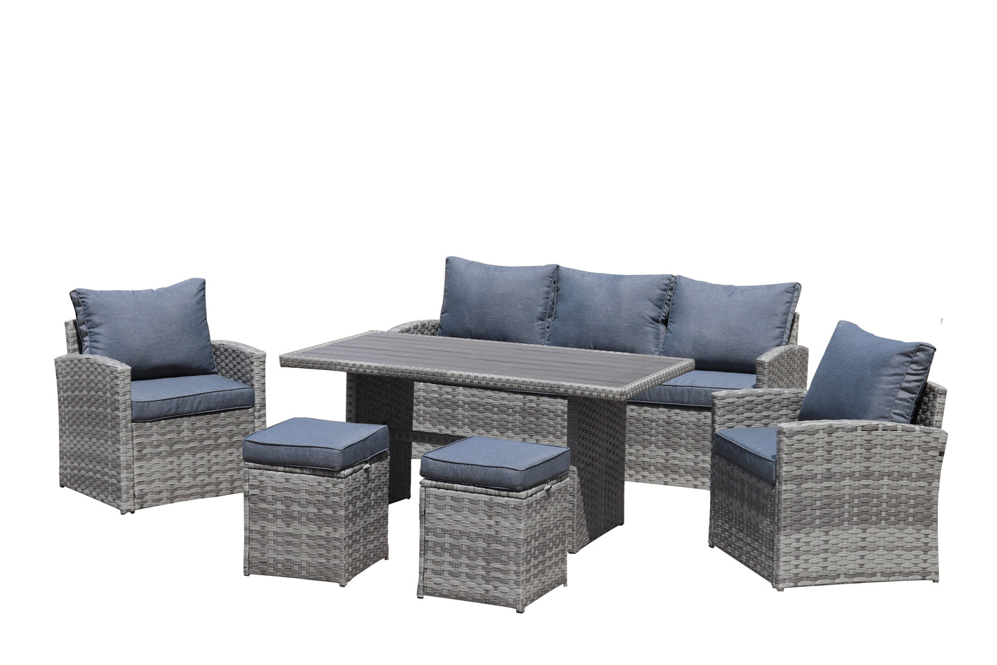 6-Piece Outdoor PE Rattan Sofa Set Patio Garden Wicker Dining and Coffee Sofa-Grey