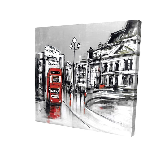 Abstract gray city with red bus - 12x12 Print on canvas