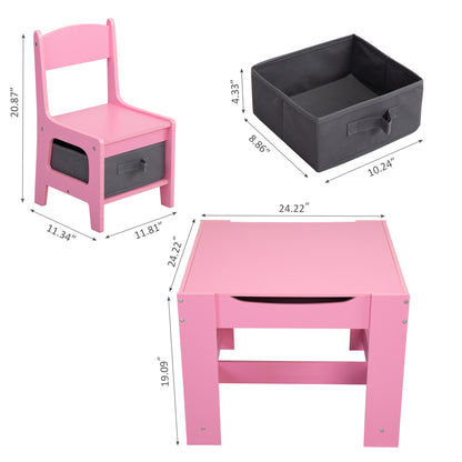 3-in-1 Kids Wood Table and 2 Chairs, Children Activity Table Set with Storage, Blackboard, Double-Sided Table for Drawing,Pink & Gray