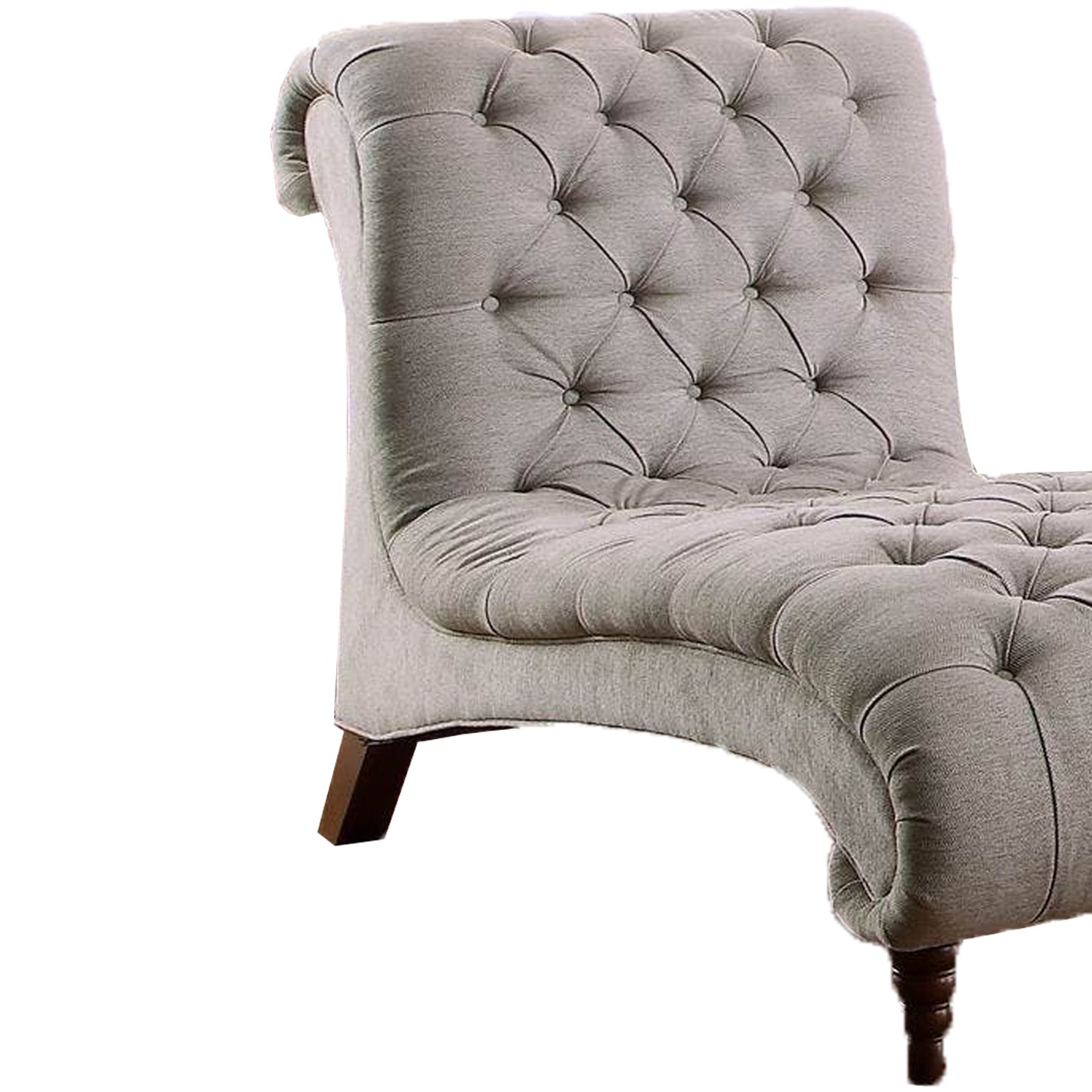 68 Inch Rolled Design Chaise, Gray Fabric, Button Tufting, Turned Feet