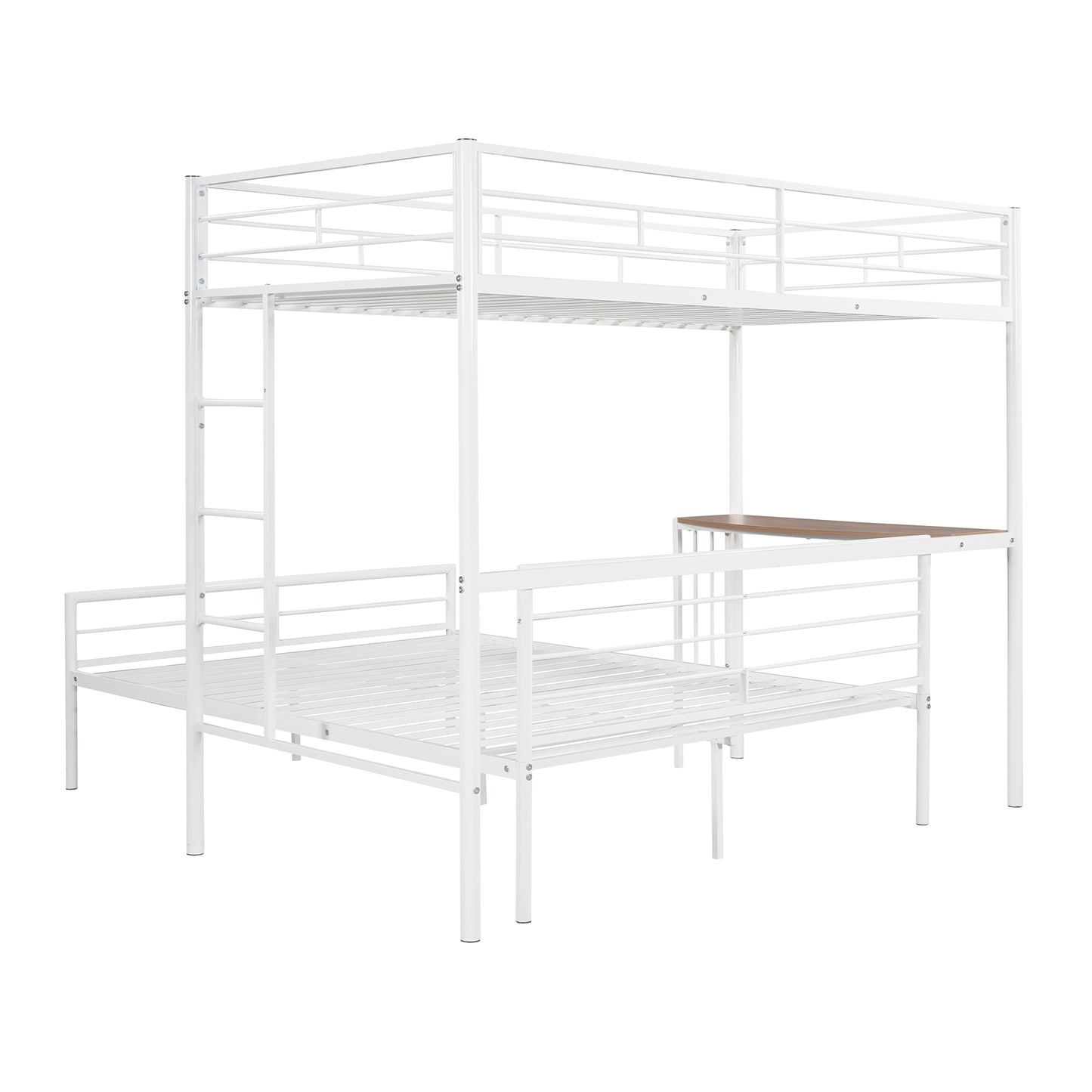 Twin Over Full Metal Bunk Bed with Desk, Ladder and Quality Slats for Bedroom, Metallic  White（OLD SKU :LP000092AAK）