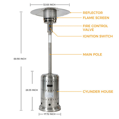 46000BTU Propane Stainless Steel Mushroom Outdoor Patio Heater with Hollow Pattern on Tank housing, with Two Smooth-rolling Wheels,with Hose Set,with Black Cover,Pole in Two Pieces(Upper and Bottom)