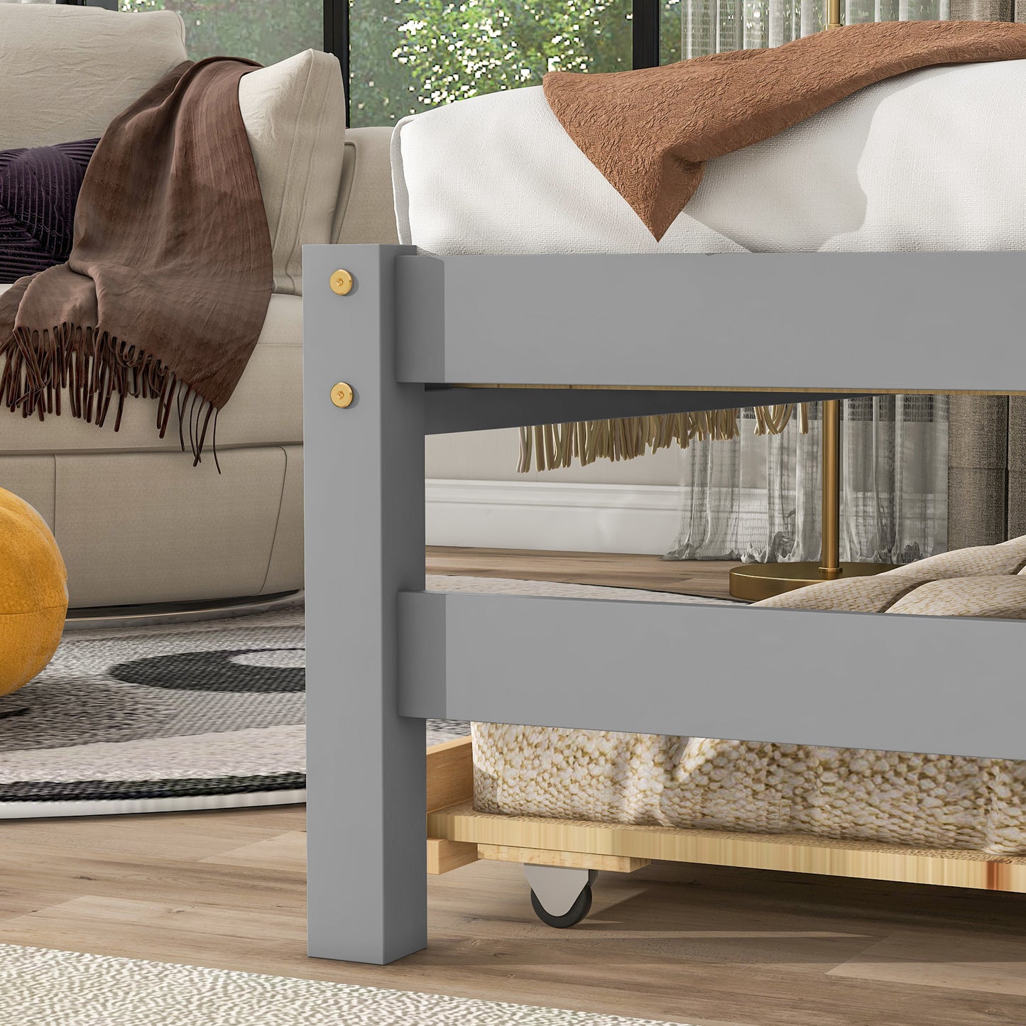 Twin Storage House Bed for kids with Bedside Table, Trundle, Grey