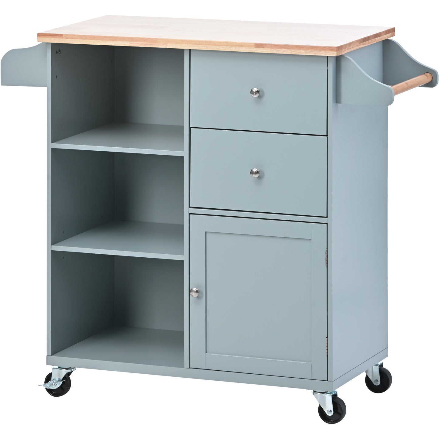 K&K Store Kitchen Cart on 4 Wheels with 2 Drawers and 3 Open Shelves, Kitchen Island with Rubber Wood top for Dinning Room, Grey Blue