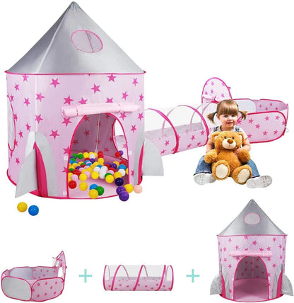 3 in 1 Rocket Ship Play Tent - Indoor/Outdoor Playhouse Set for Babies,Toddleers, Pink