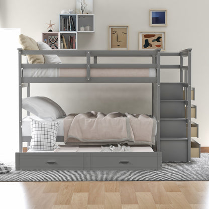 Solid Wood Bunk Bed, Hardwood Twin Over Twin Bunk Bed with Trundle and Staircase, Natural Gray Finish(Old SKU: LP000068AAE)