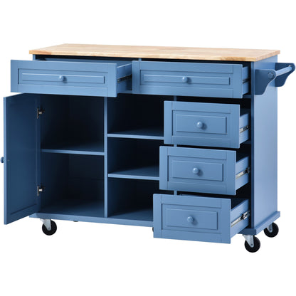 K&K kitchen cart with Rubber wood desktop rolling mobile kitchen island with storage and 5 draws 53 Inch width （Blue）