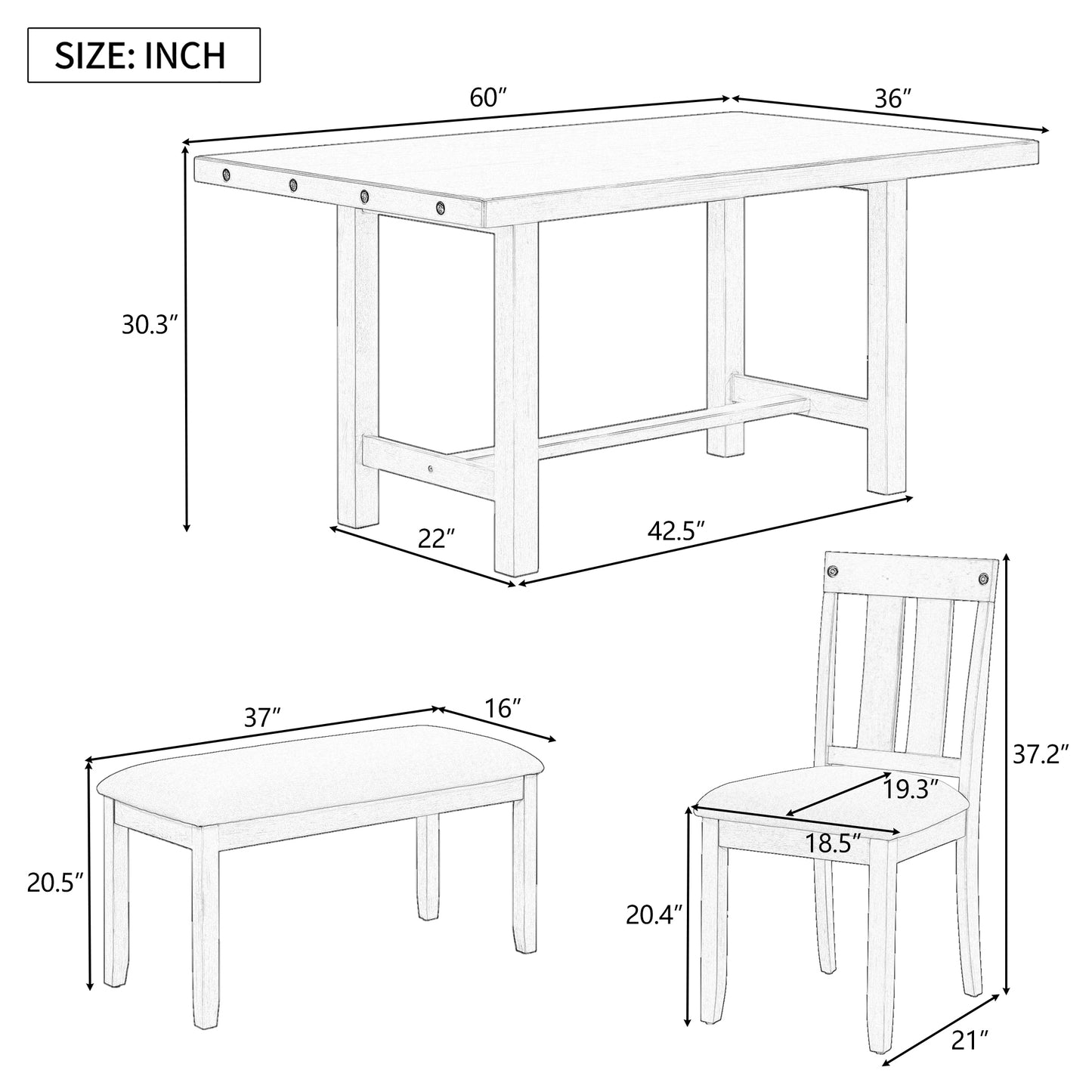 TREXM Rustic Farmhouse 6-Piece Wooden Rustic Style Dining Set, Including Table, 4 Chairs & Bench (Gray)