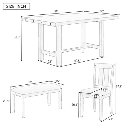 TREXM Rustic Farmhouse 6-Piece Wooden Rustic Style Dining Set, Including Table, 4 Chairs & Bench (Gray)