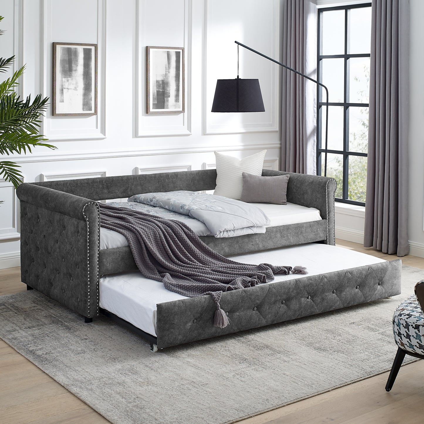 Daybed with Trundle Upholstered Tufted Sofa Bed, with Button and Copper Nail on Arms，both Twin Size, Grey（85.5“x42”x30.5“）