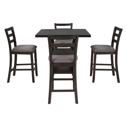 TREXM 5-Piece Wooden Counter Height Dining Set with Padded Chairs and Storage Shelving (Espresso)