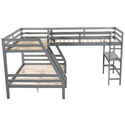 L-Shaped Twin over Full Bunk Bed and Twin Size Loft Bed with Built-in Desk,Gray