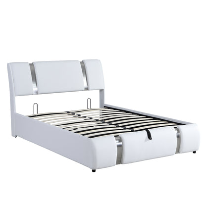 Full Size Upholstered Faux Leather Platform bed with a Hydraulic Storage System, White