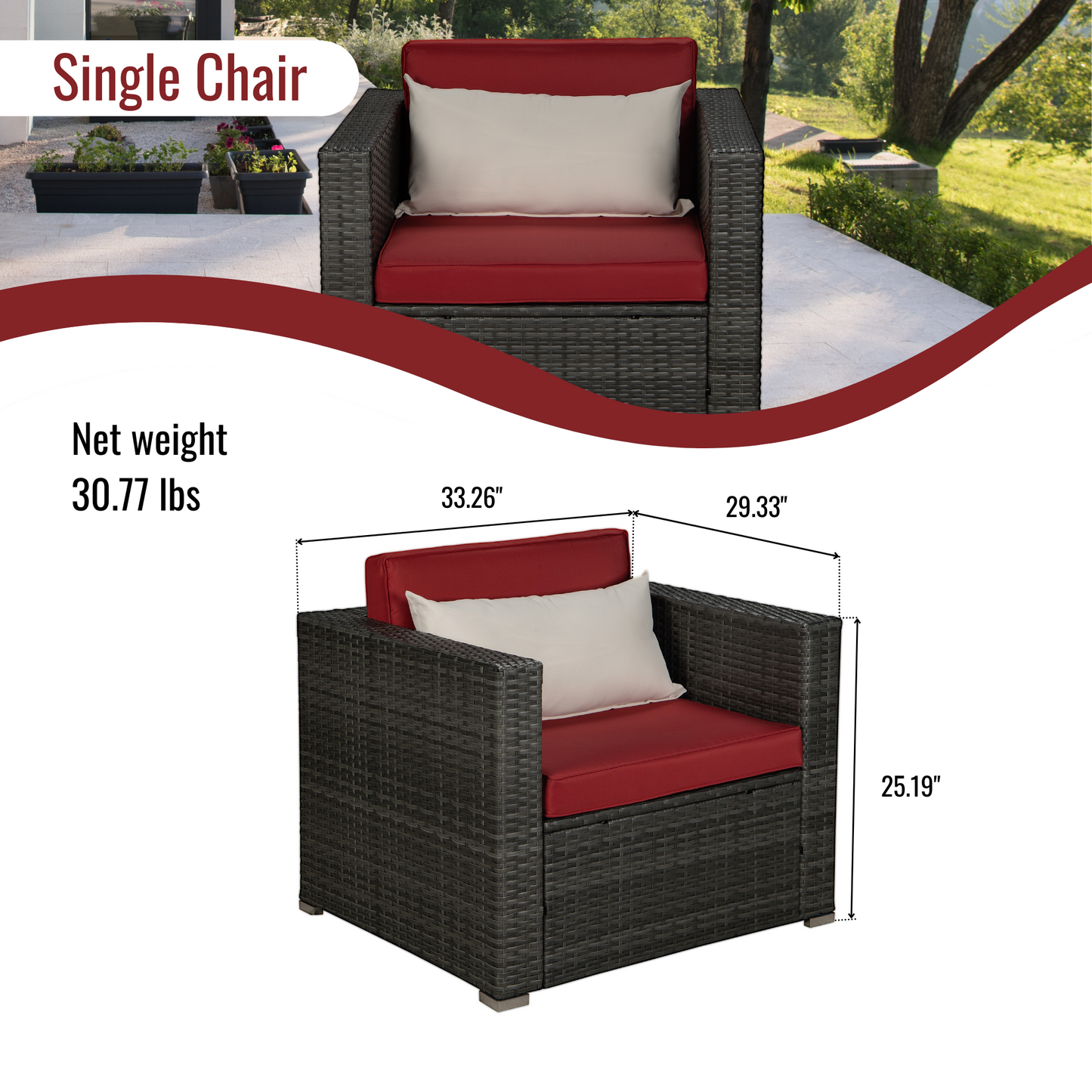 Outdoor Garden Patio Furniture 4-Piece Gray PE Rattan Wicker Sectional Red Cushioned Sofa Sets with 1 Beige Pillow