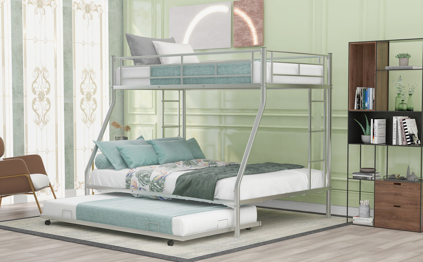 Twin over Full Bed with Sturdy Steel Frame, Bunk Bed with Twin Size Trundle, Two-Side Ladders, Silver(OLD SKU:MF194424AAN)