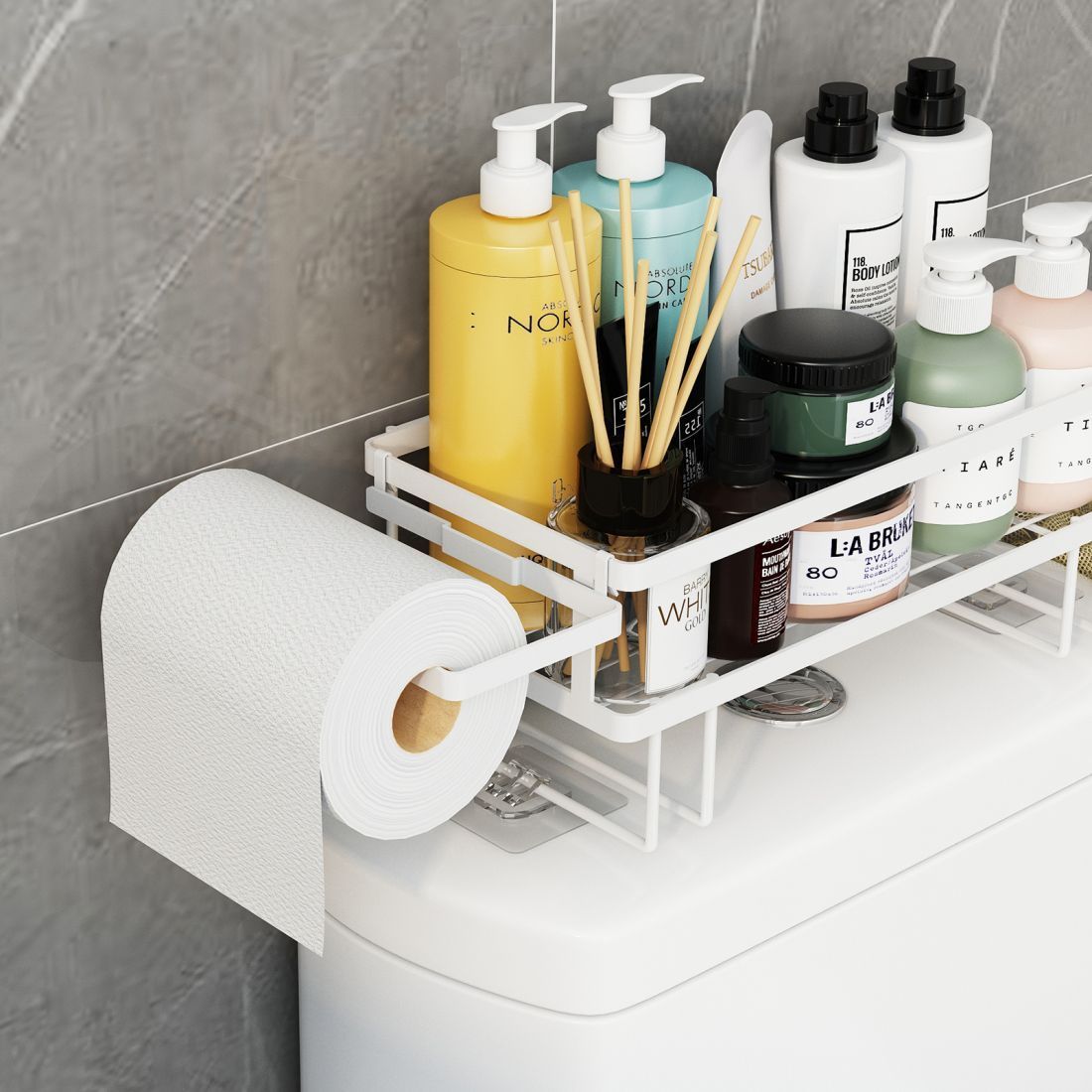 Over The Toilet Storage, Bathroom Organizer Shelves, Multifunctional Toilet Rack with Adhesive Base and Hooks,No Drilling Space Saver with Wall Mounting Design