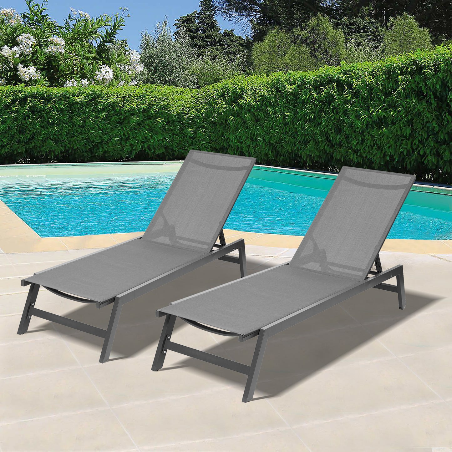 Outdoor 2-Pcs Set Chaise Lounge Chairs,Five-Position Adjustable Aluminum Recliner,All Weather For Patio,Beach,Yard, Pool(Grey Frame/Dark Grey Fabric)