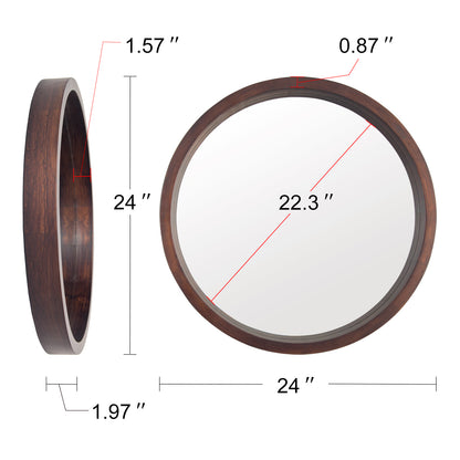 Circle Mirror with Wood Frame, Round Modern Decoration Large Mirror for Bathroom Living Room Bedroom Entryway, Walnut Brown, 24"