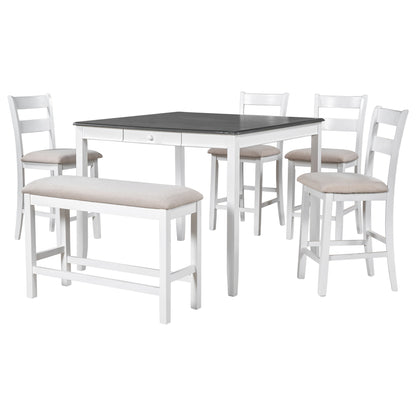 TOPMAX Wood 6-Piece Dining Table Set with Storage Drawer, Counter Height Square Kitchen Set with Upholstered Chair and Bench, White