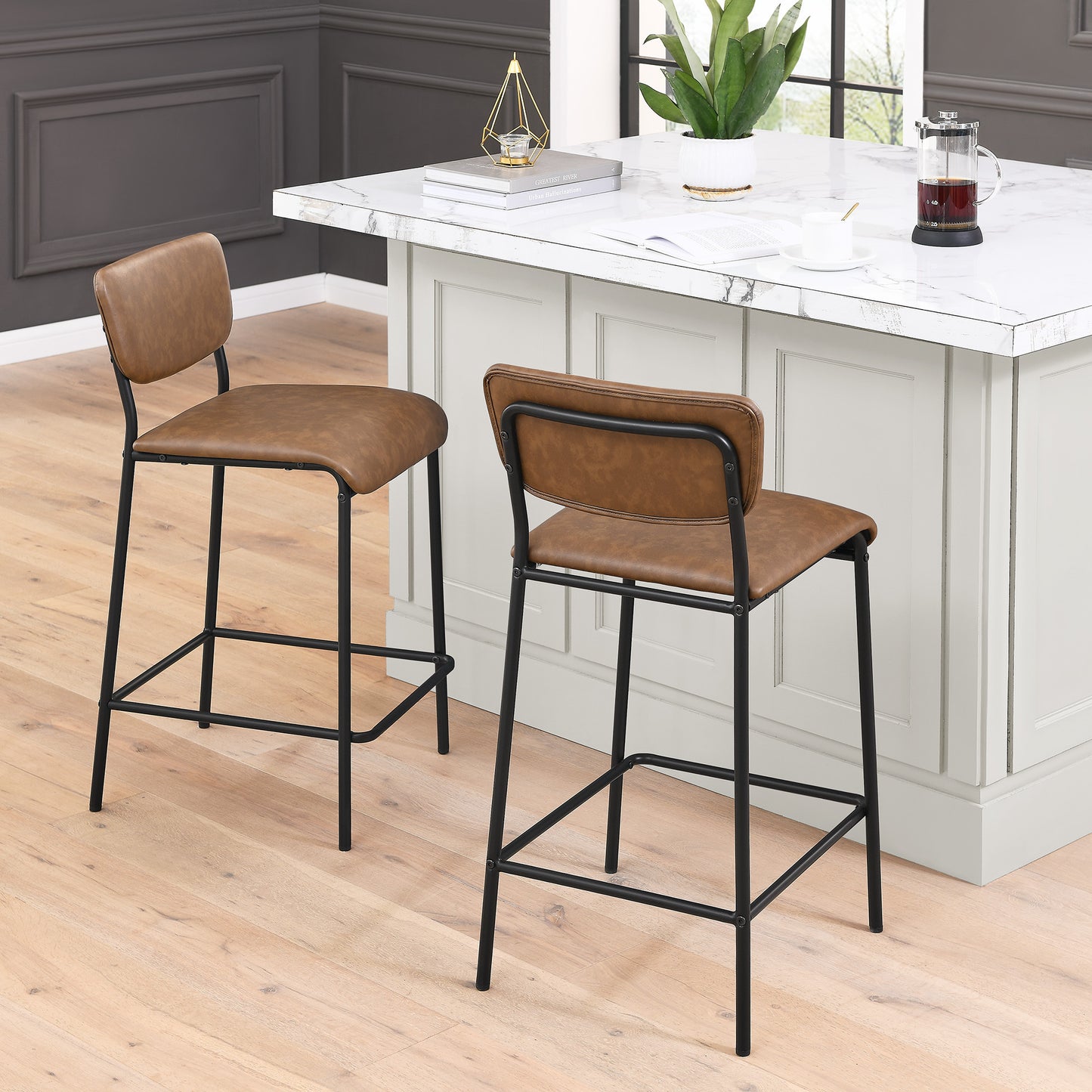 Pu Faux Leather Counter Stools Set of 2, Pub Counter Stool with Back and Footrest, Brown (17.5"x19.25“x34.5”）