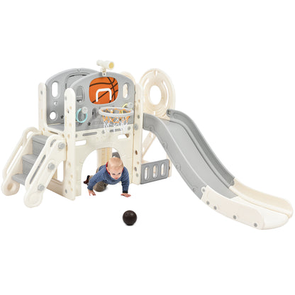 Kids Slide Playset Structure, Freestanding Castle Climbing Crawling Playhouse with Slide, Arch Tunnel, Ring Toss, and Basketball Hoop, Toy Storage Organizer for Toddlers, Kids Climbers Playground